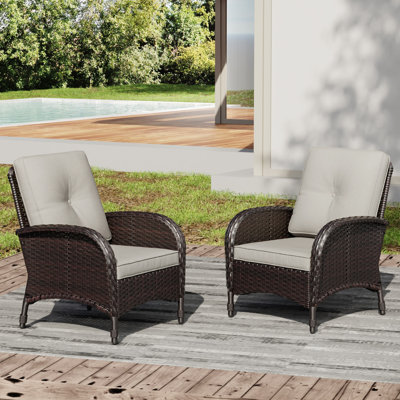 All-Weather PE Wicker Outdoor Patio Chairs with 4" Beige Cushions(Set of 2)