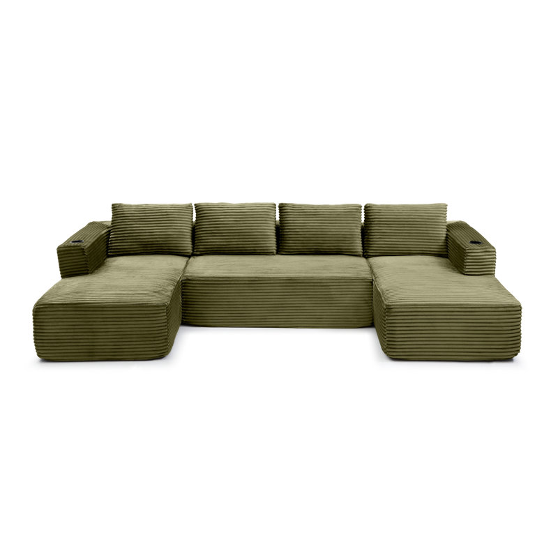132" Oversized Cloud Boneless Sofa Couch with Chaise, Modern Corduroy U Shaped Modular Sectional Sofa with Deep Seat, Comfy Couch with Cupholders , No Assembly Required-Green