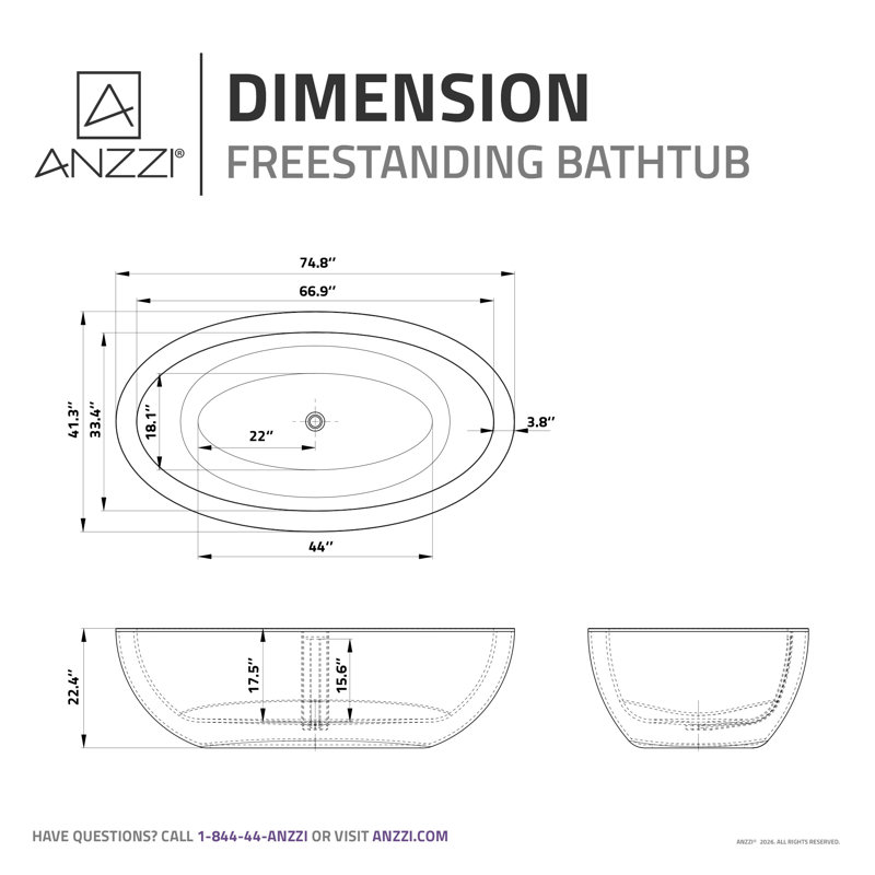 Kekehun 75.5'' x 40.5'' Soaking Solid Surface Bathtub
