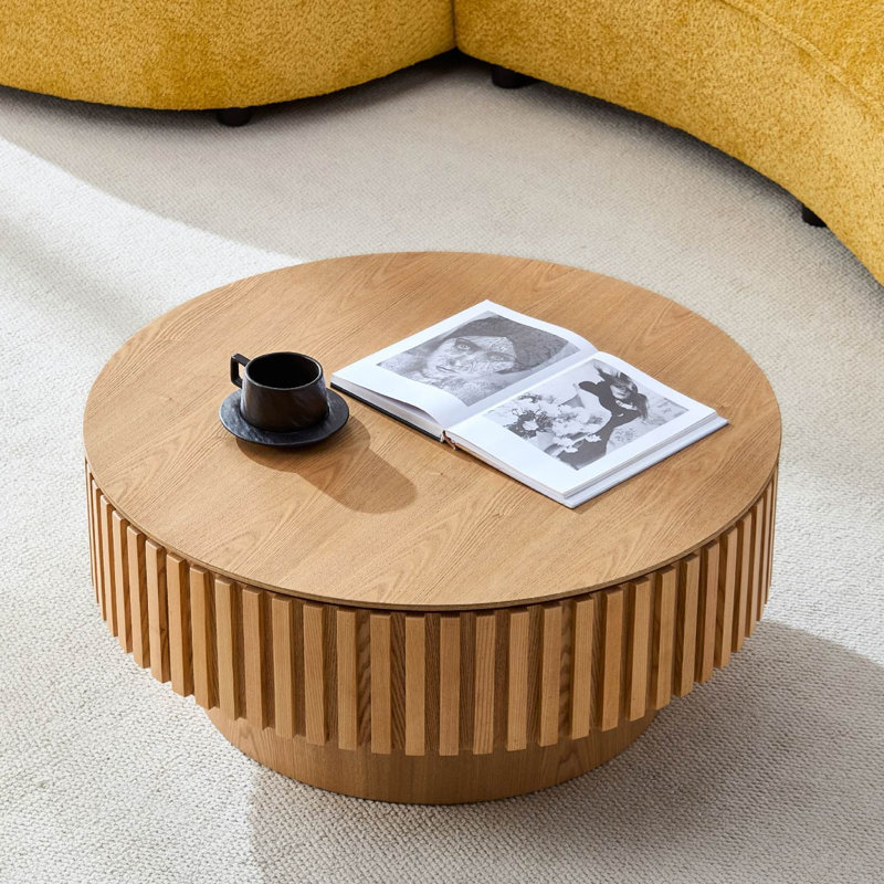 Table basse ronde en MDF avec rangement, Chêne