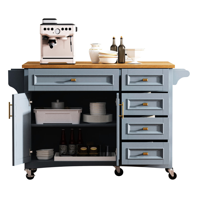 Blue Grey 52'' Drop Leaf Kitchen Island. Generous Storage With 2 Cabinet Doors, 5 Drawers, Towel And Spice . Adjustable Shelf. Mobile On Wheels, Lockable. Oak Veneer. Classic Delight Plentiful