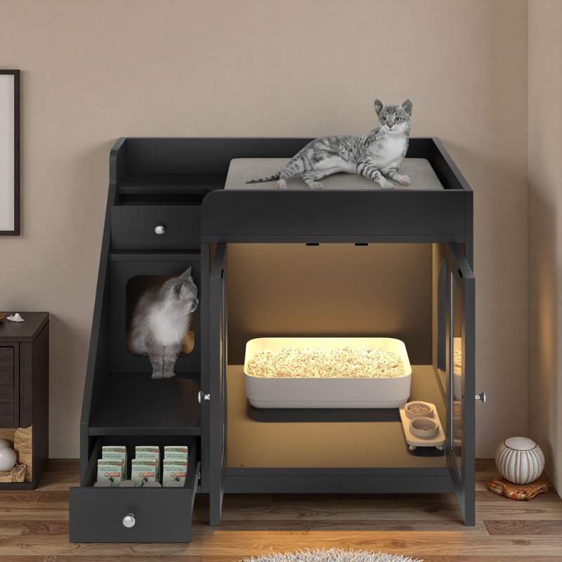 Armoire multifonctionnelle pour chat avec bac à litière isolant les odeurs et plateau spacieux pour le rangement ou le repos, améliorant l'esthétique et l'organisation de la maison