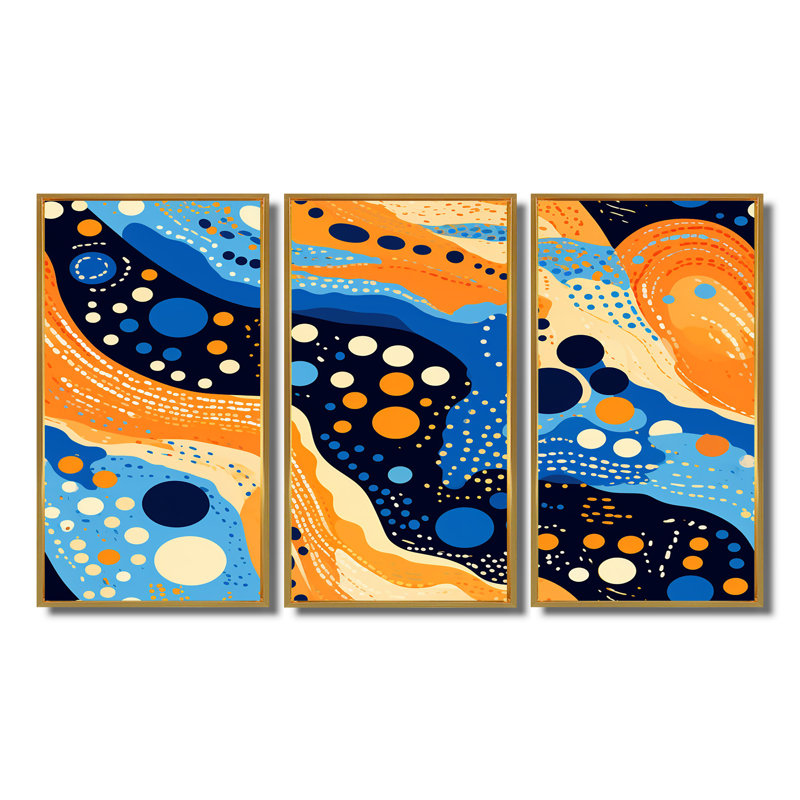 Vagues d'ethnie océanique - ensemble de décoration murale abstraite, Cadre flottant doré, H 40 po x l 60 po x P 1 po