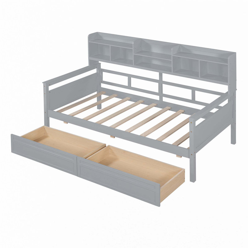 Daybed, Wood Slat Support, with Bedside Shelves and Two Drawers, Gray, Twin