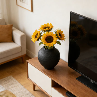 Large Black Ceramic Vase - 11.8 Inch Round Farmhouse Vase For Home Decor, Centerpiece, Mantle, Shelf, Or Table With Matte Finish And Textured Design