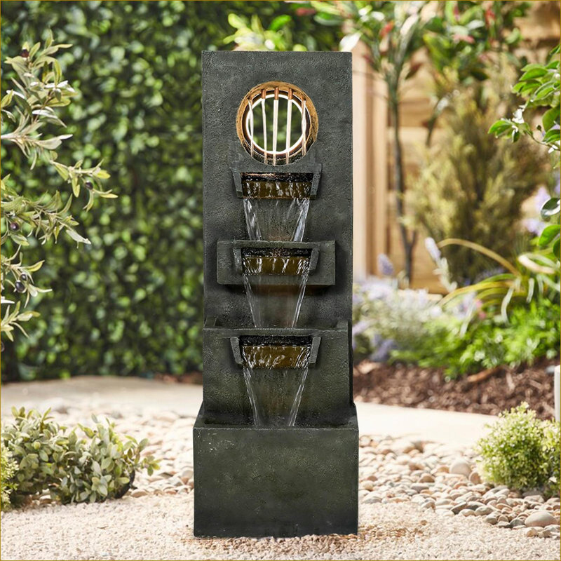 Fountains Modern 4-Tier 39.3" Outdoor Waterfall Fountain w/ Lights Pump for Garden Balcony | Resin | Tiered Waterfall Fountain