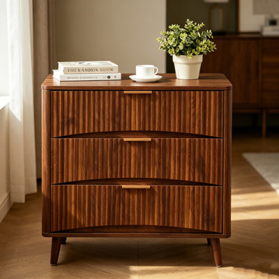 Commode à 3 tiroirs cannelée, commode de style Mid-Century moderne à rainures verticales, armoire de rangement en bois massif avec poignées en métal pour le salon de la chambre à coucher, noyer (l 23,6 po x P 15 po x H 30 po)