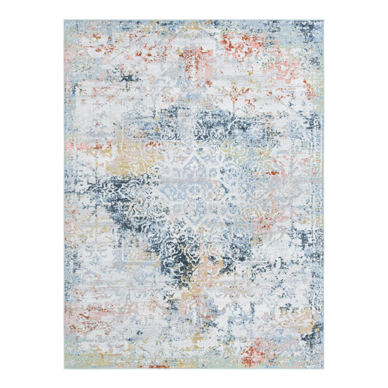 Tapis gris / bleu marine / taupe en polyester tissé à la machine Massie, Rectangle 7 pi 10 po x 10 pi