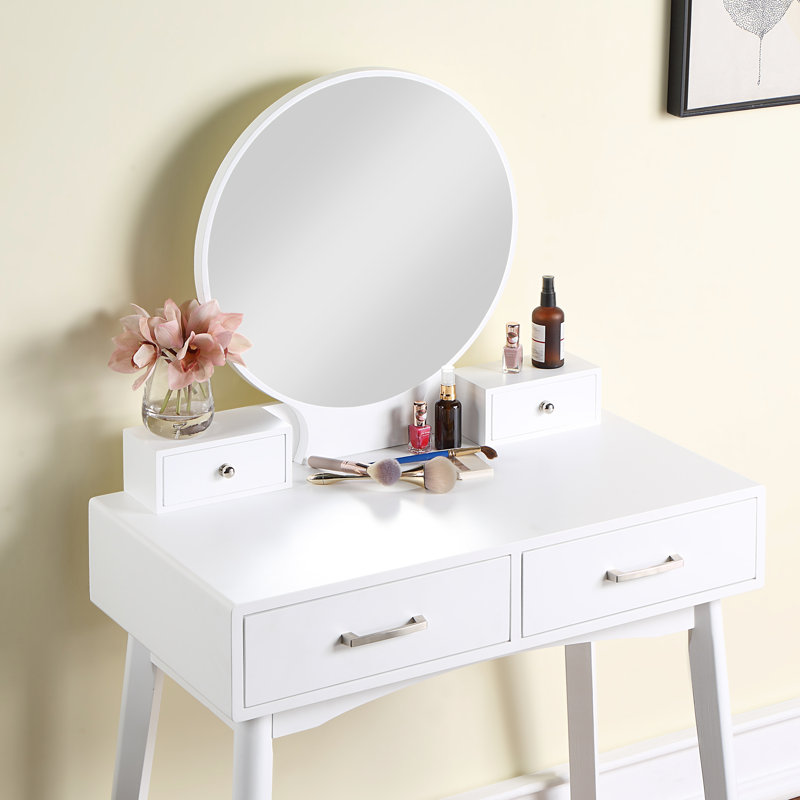 Meuble-lavabo et tabouret en blanc - aspect contemporain, poignée de tiroir en métal, dessus de table de P 15,75 po, conception en H 30,24 po, structure en bois d'hévéa massif, diamètre du miroir de 19,68 po,