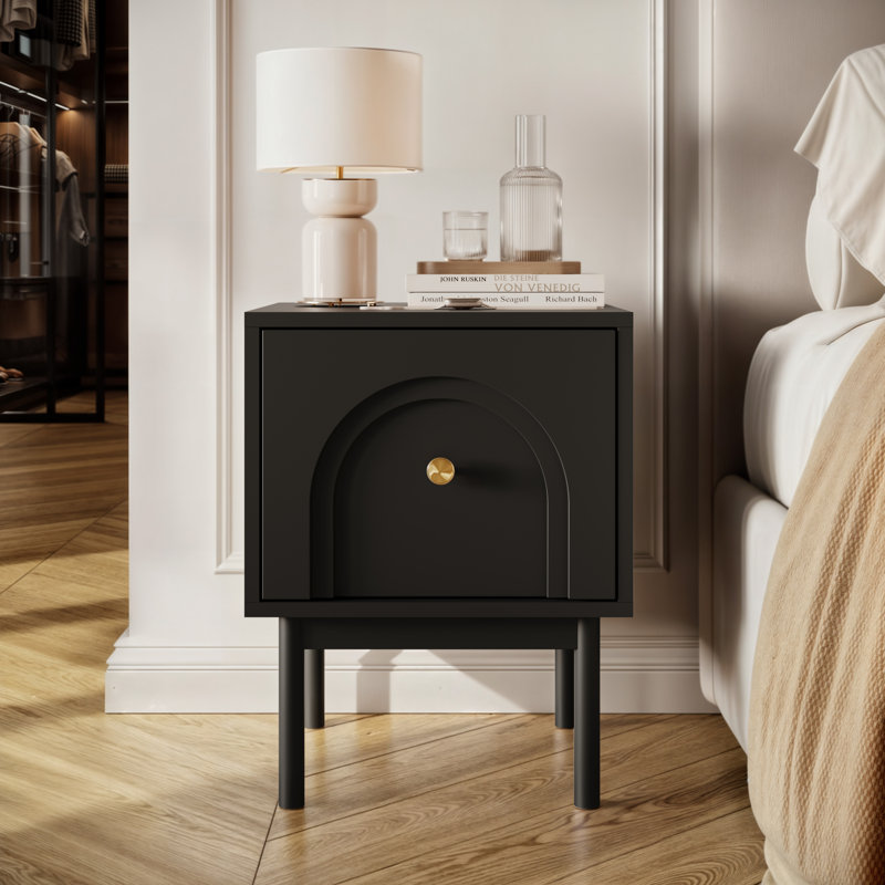 Bedside table LIBERTY nightstand with gold handle, Black