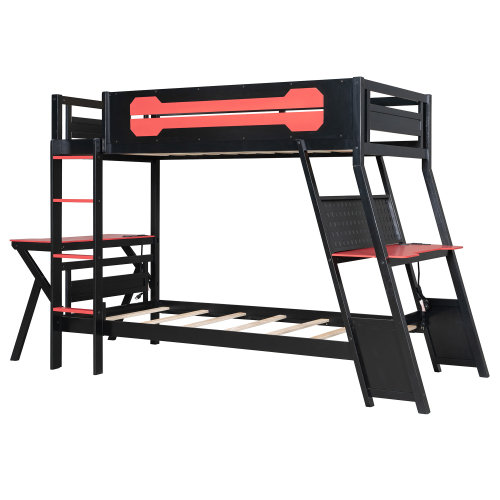 Lit superposé simple avec deux bureaux de jeu intégrés, ports USB et panneau perforé, rouge, Twin