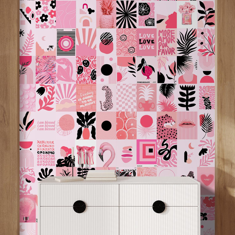 Mid Century Modern Abstract Botanical Animal and Geometric Shapes Wallpaper, Red, 108" L x 48" W