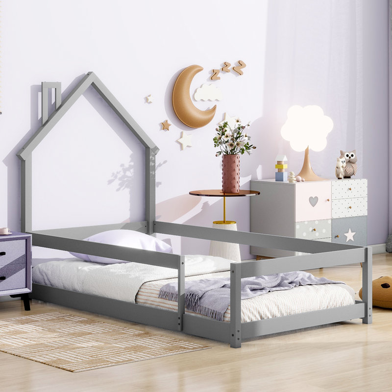Lit de tête de lit simple gris avec clôture en bois, Gris