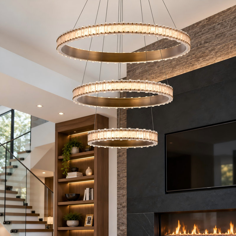 43.75" Modern Urban Bronze 3-Tier Glass Ring LED Chandelier with Dimmable 3CCT Lighting, 3, Laiton antique