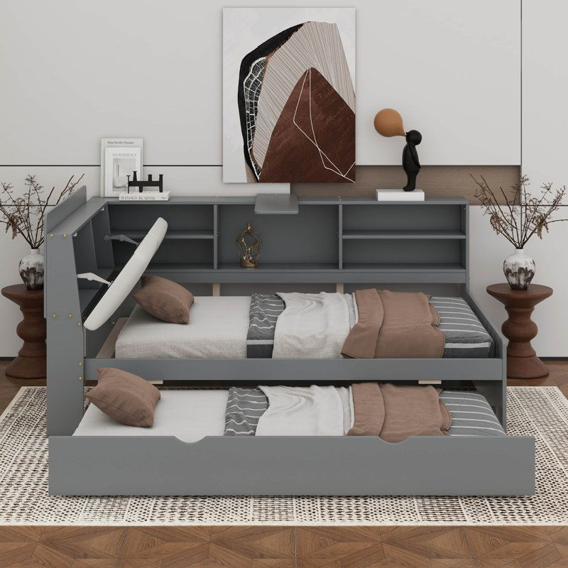 Lit plateforme avec tablettes, lit gigogne et tête de lit, Gris, Lit simple