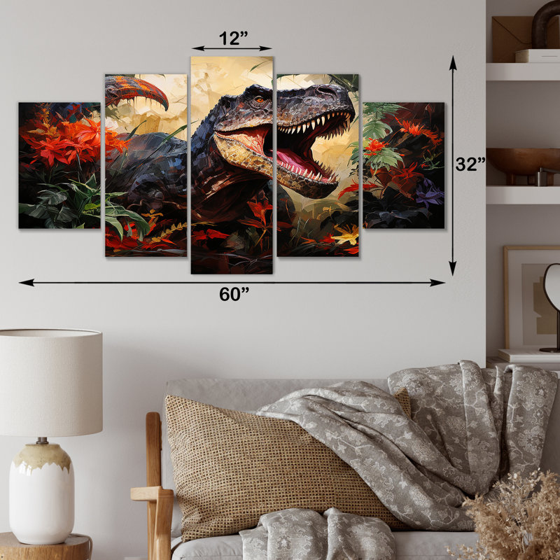 «Floral Tyrannosaurus Dinoasaur Jungle Portrait» - Art mural sur toile