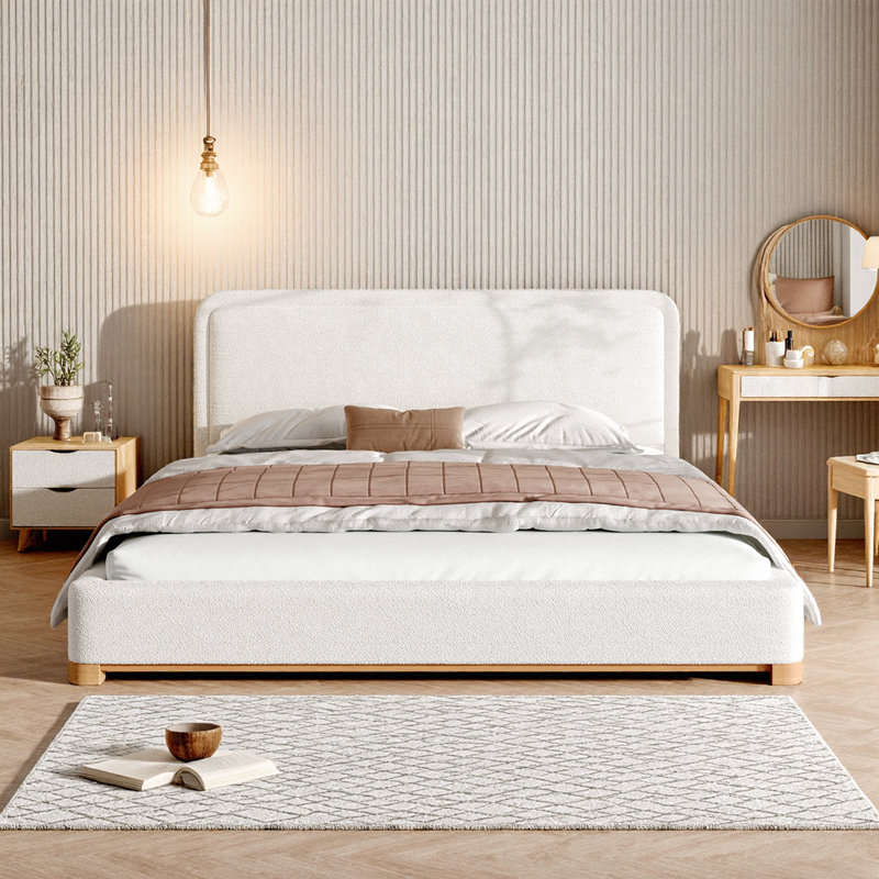 Structure de lit moderne grand / très grand avec base souple en tissu bouclé et base en bois d'hévéa, Grand lit