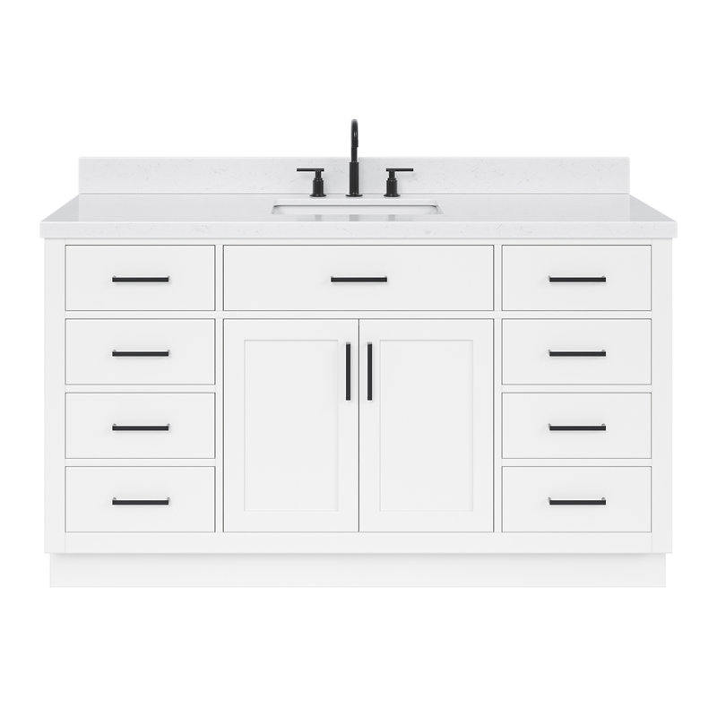 Ensemble de meuble-lavabo simple en bois massif avec plateau en quartz Carrara de 1,5 po Thornaby, Blanc, Forme rectangulaire