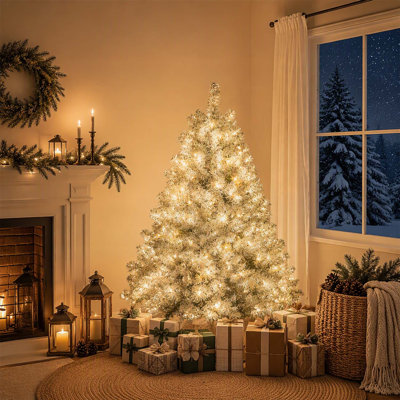 Sapin de Noël artificiel argenté de 1,20 m (4 pi) préilluminé avec 150 lumières DEL, 400 extrémités de branches, 11 modes d'éclairage et support en métal pour une utilisation intérieure et extérieure