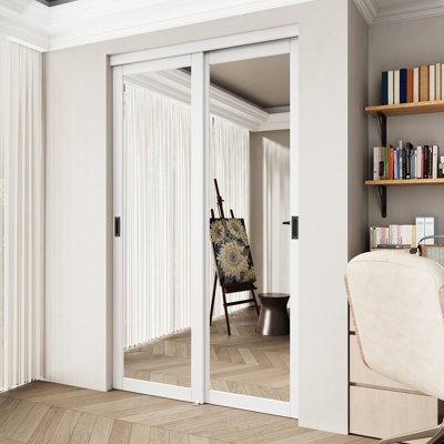 48"x 96" Primed White Interior Mirror Full Lite Sliding Closet Door For Pantry & Closet With Full Hardware Kit