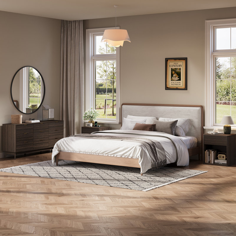 Ensemble de chambre à coucher 3 pièces, commode 9 tiroirs et tables de chevet 3 tiroirs, Noyer