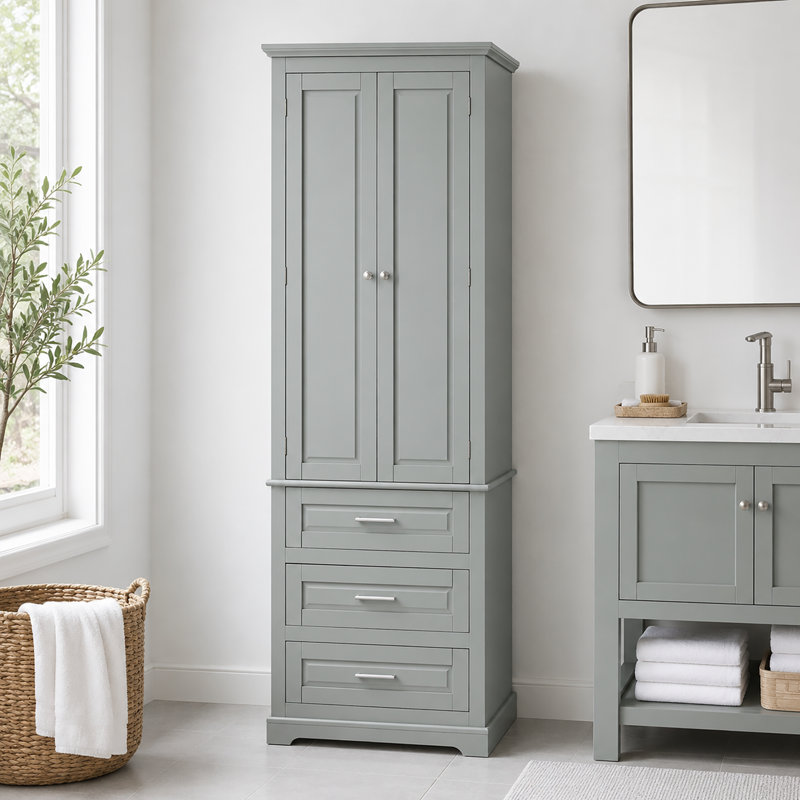 Coster Freestanding Tall Storage Bathroom Linen Cabinet With Metal Handles, Gray