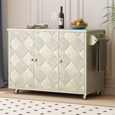 51.2" Kitchen Island with Drop Leaf, Coastal Kitchen Island on Wheels with Internal Storage Rack, Rolling Kitchen Cart