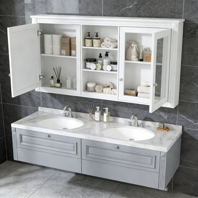 Armoire de rangement murale à miroir avec tablettes réglables, Blanc