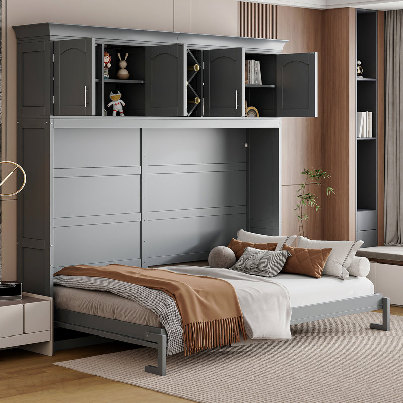 Grand lit escamotable mural avec armoires supérieures et porte-bouteilles, gris, Grey