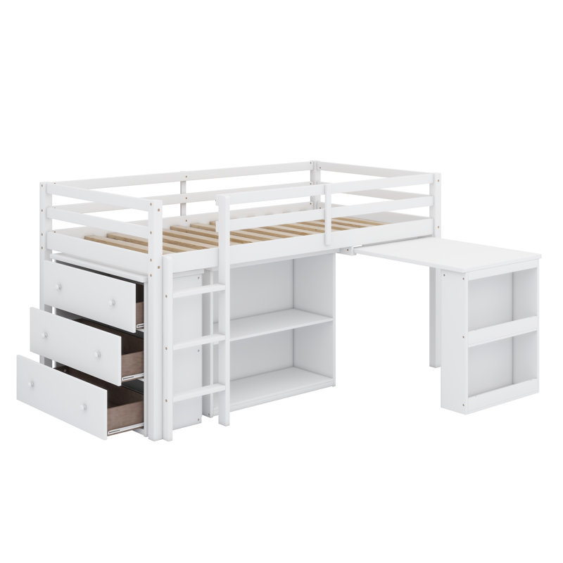 Lit mezzanine avec armoire à tiroirs intégrée, étagère et bureau coulissant, Blanc