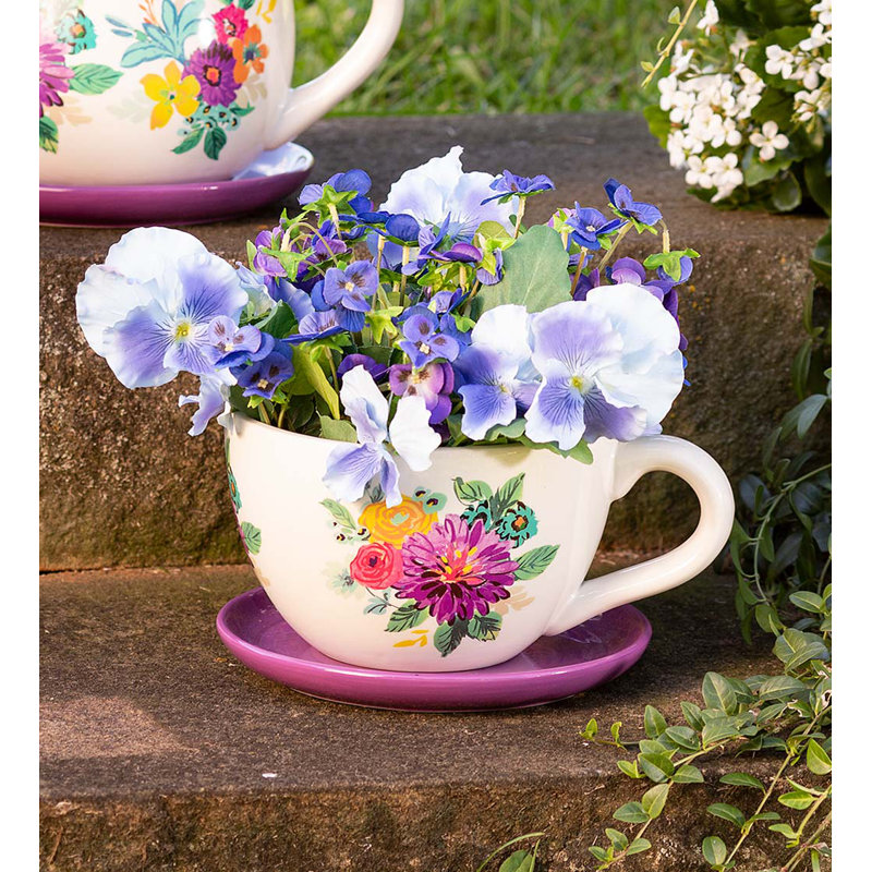 Pot à fleurs floral en céramique avec soucoupe
