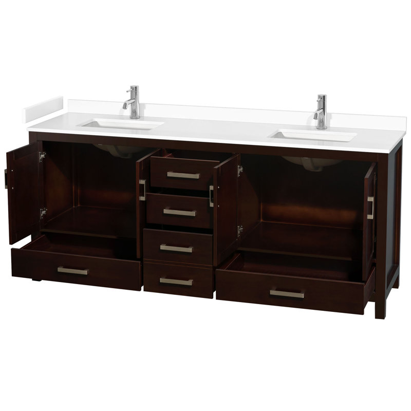 Sheffield 80" Freestanding Double Bathroom Vanity with Cultured Marble Top, Espresso, White Cultured Marble