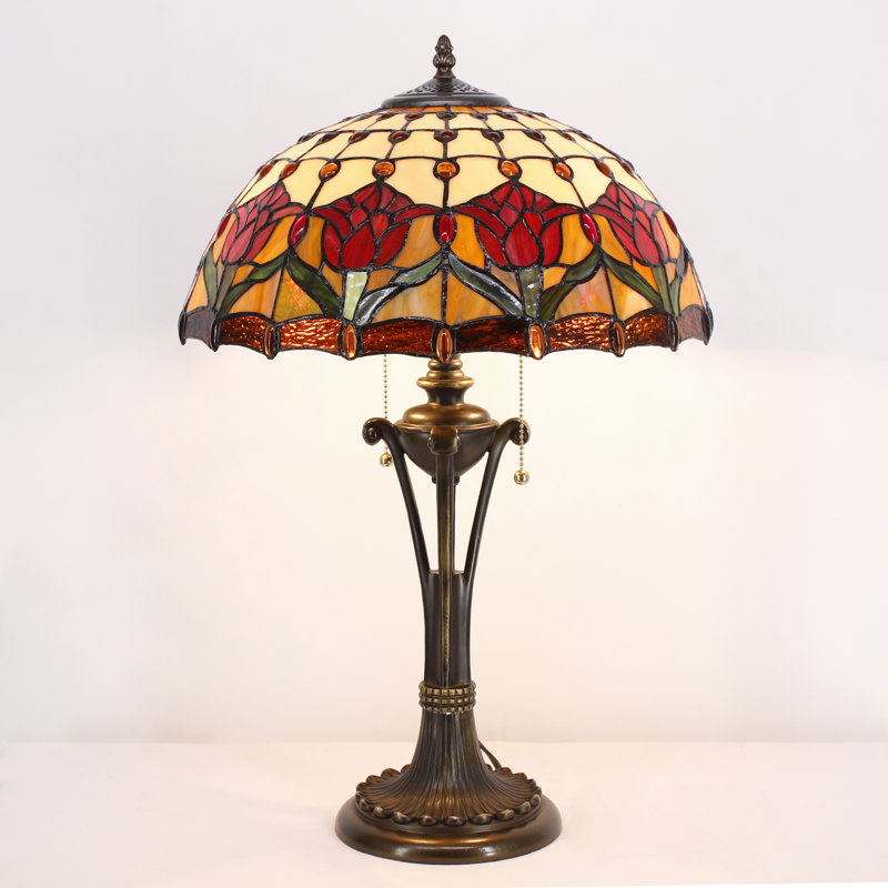Tiffany Table Lamp Red Amber Stained Glass Desk Lamp 16X16X24 Inches Tulip Flower Style Reading Light
