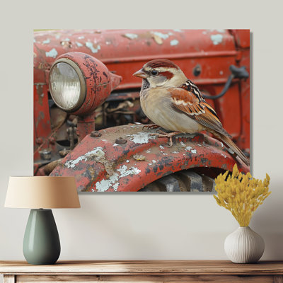 «Sparrow Bird On The Tractor I», art mural en métal, reproduction d'art moderne