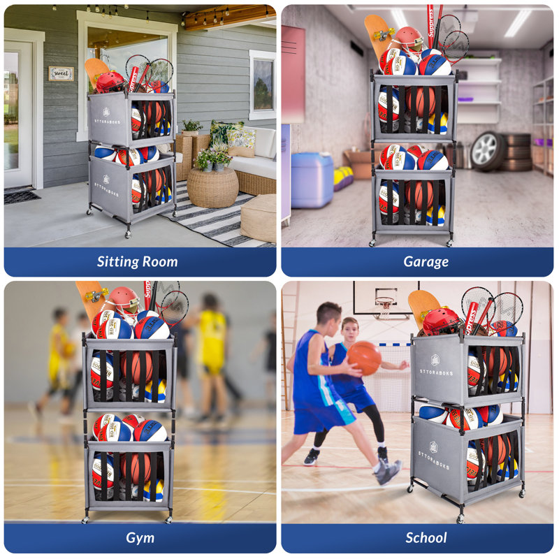Freestanding Sports Rack, Ball Storage Cart, Lockable Ball Organizer Basket, Elastic Straps, Wheels
