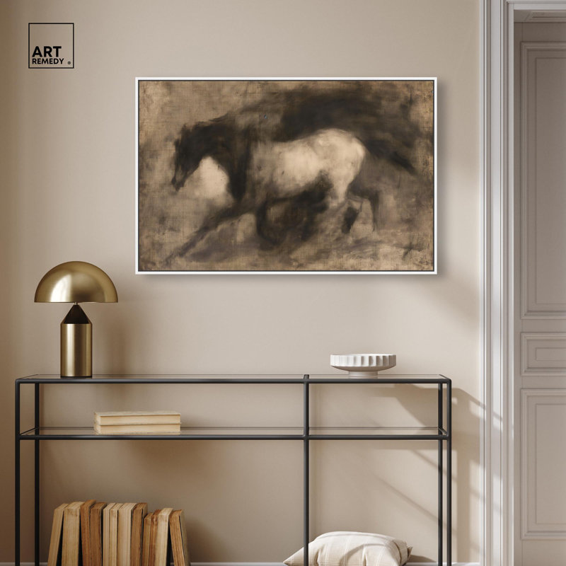 «Dark Horse», toile par Farm Art, H 25 po x l 37 po, Cadre flottant blanc