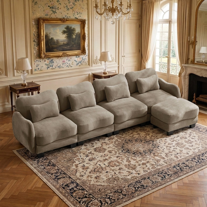 Canapé modulaire moderne en L avec repose-pieds et 4 coussins - Design ergonomique incurvé, assemblage facile, Café