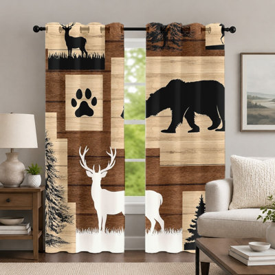 2Pcs Rustic Wood Grain Bear Deer Paw Print Curtains, Nature Wildlife Silhouette Grommet Drapes, Forest Animal Themed Window Treatment for Living Room Bedroom Home Decor