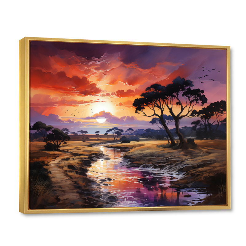 Coucher de soleil africain sur un Serengeti sur toile, H 24 po x l 32 po x P 1 po, Cadre flottant doré