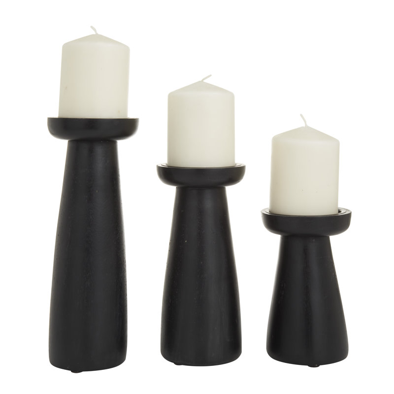 Black Wood Tabletop Candlestick Set with Pricket