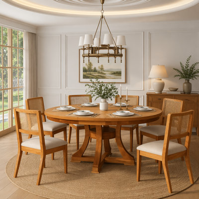 Ensemble de table de salle à manger 5 pièces French Country, table de salle à manger extensible ronde en bois + 4 chaises en rotin
