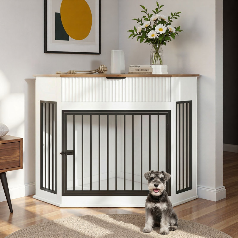 Cage d'angle pour chien avec tiroir cannelé et loquet de sécurité en métal, Blanc