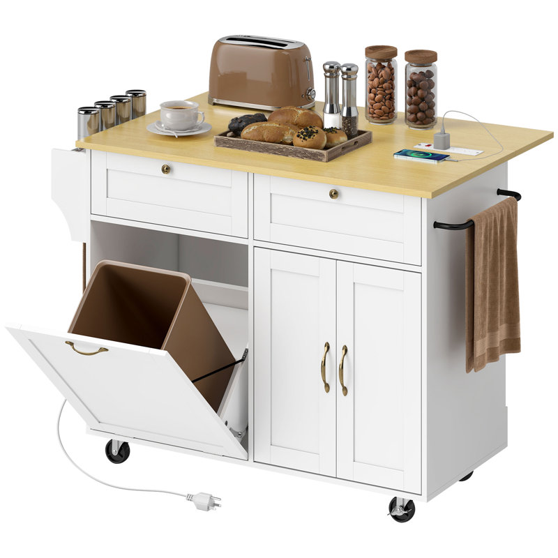 51" Kitchen Island with Power Outlet Drop Leaf Kitchen Cart White, White