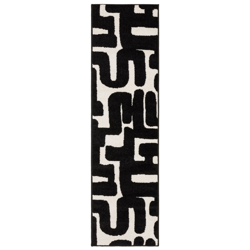 Hennings Abstract Maze Black/ Off-White Area Rug, Runner 2' x 7'