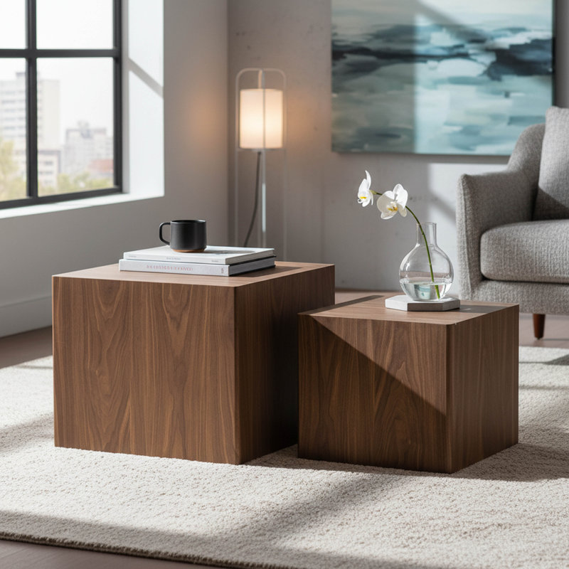 Tables basses gigognes, ensemble moderne de 2 tables d'appoint cubiques avec finition grain de bois, entièrement assemblé pour les petits espaces
