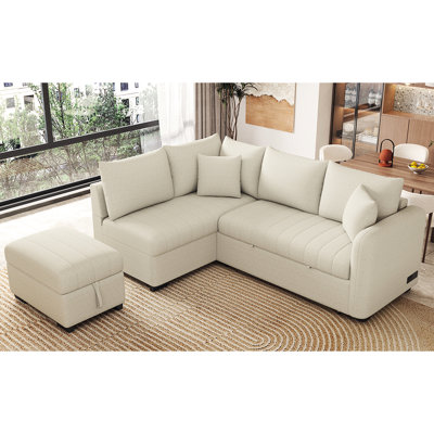 Canapé-lit modulaire en forme de L de 82,6 po avec deux ports USB, deux prises de courant et un repose-pieds de rangement mobile, beige