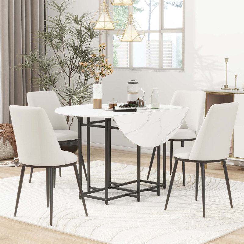5-Piece Extendable Kitchen Dining Table Set, Beige, Black