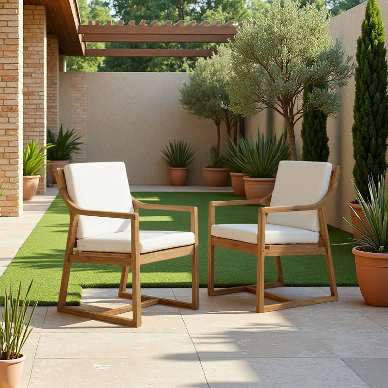 Chaises de patio extérieures en teck clair avec coussins beiges