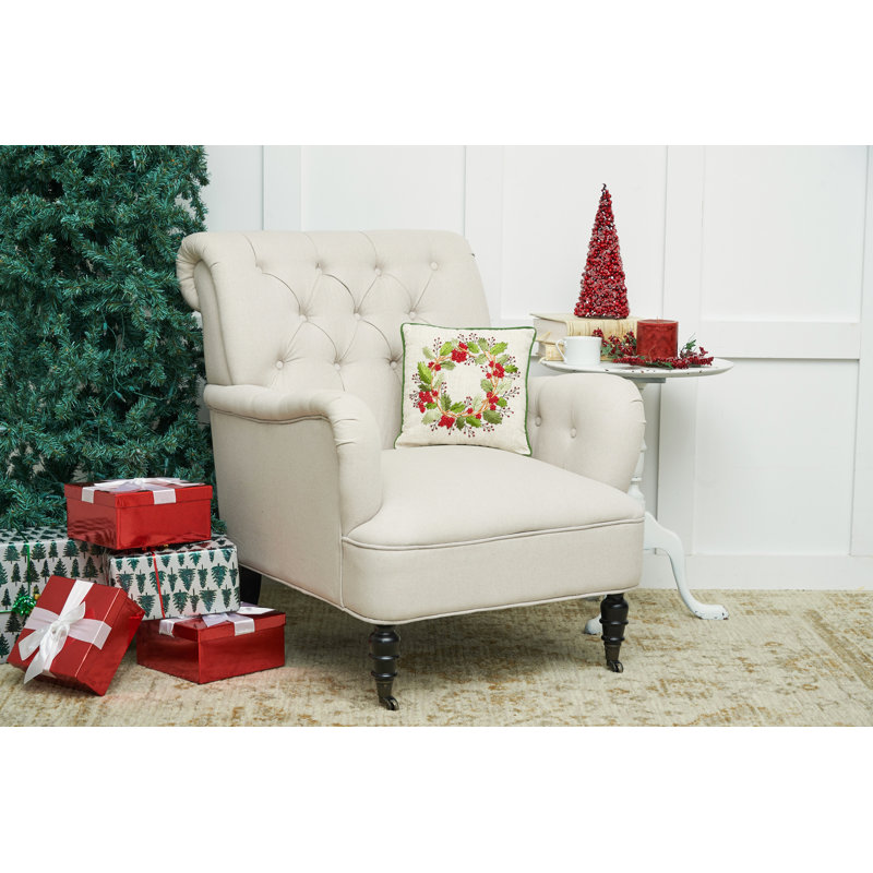 12" Square Red and Green Embroidered Linen Holiday Throw Pillow