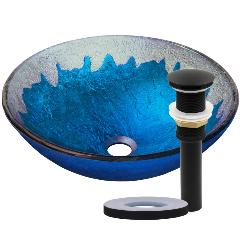 Novatto 16.5'' Blue/Silver Glass Circular Bathroom Sink, Matte Black